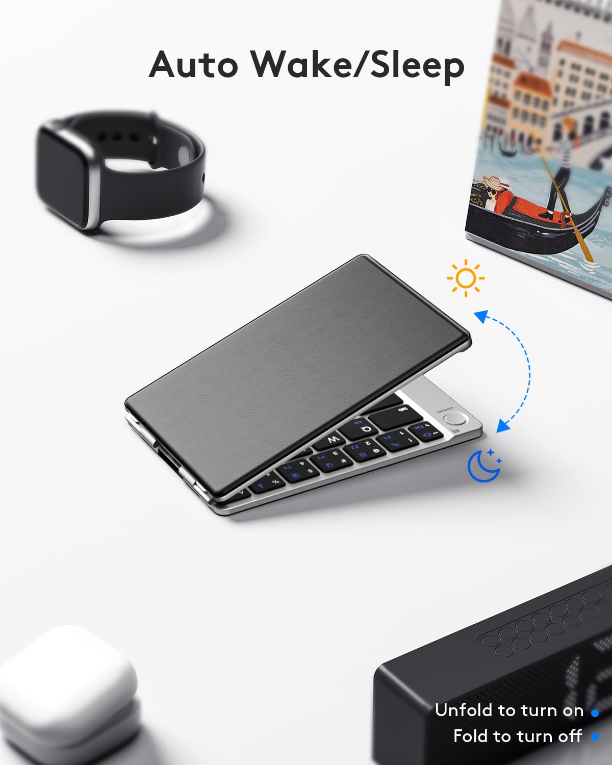 Samsers Foldable Bluetooth Keyboard - Portable Wireless Keyboard with Stand Holder, Rechargeable Full Size Ultra Slim Folding, Compatible iOS Android Windows Smartphone Tablet and Laptop - Black