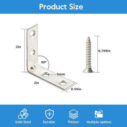 HOME MASTER HARDWARE 2 inch L Bracket Corner Brace Sets, Stainless Steel Corner Bracket, Joint Right Angle Brackets with Screws for Shelves Wood Furniture Frame(20 Pack)