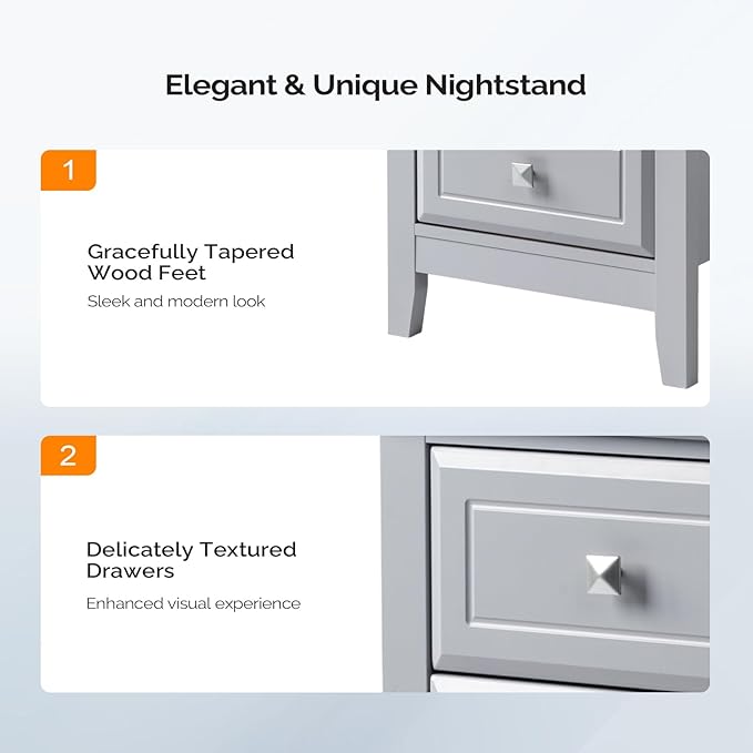 Bonnlo Gray Nightstands Set of 2, 3 Drawer Nightstand, Modern Night Stand