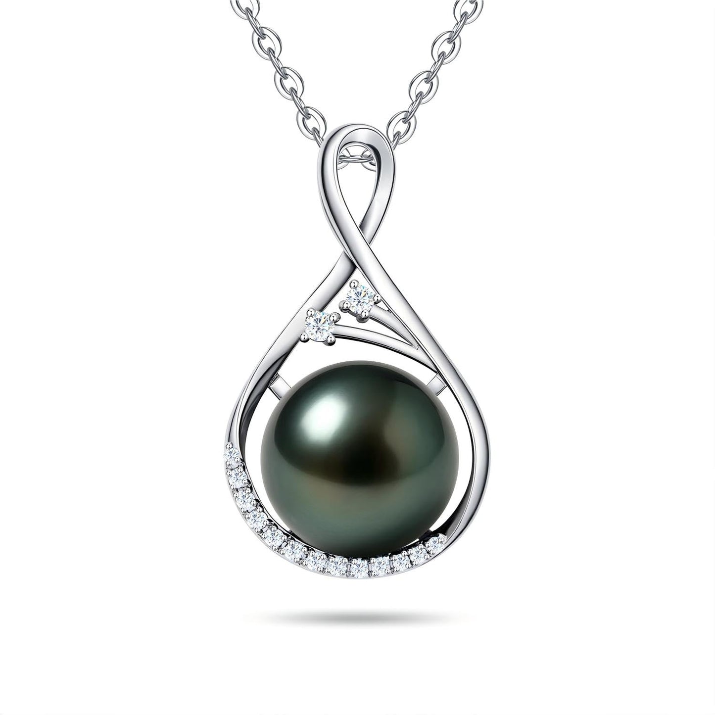 Genuine Tahitian Black Pearl Necklace - 10-11mm Seawater Pearl with Sterling Silver Infinity Moissanite Pendant, Mother Day Gift for Wife Mom Daughter, Jewelry Gifts for Anniversary Wedding Birthday