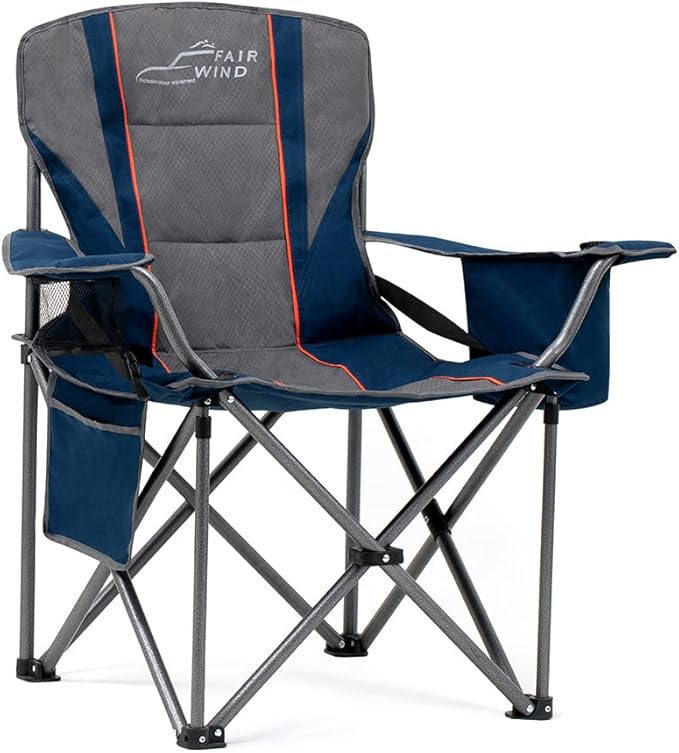 FAIR WIND Heavy Duty Camping Chair, Oversized Padded Folding Chair for Big and Tall (450lbs), Extra Wide Seat with Integrated Cooler & Storage Pocket, Adjustable Lumbar Support for Outdoor