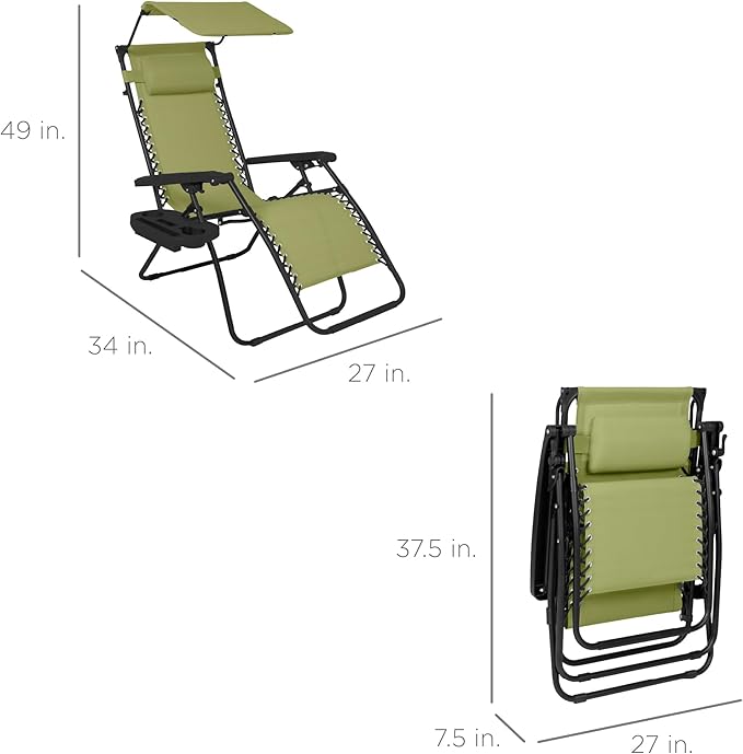 Best Choice Products Folding Zero Gravity Outdoor Recliner Patio Lounge Chair w/Adjustable Canopy Shade, Headrest, Side Accessory Tray, Textilene Mesh - Dusty Green