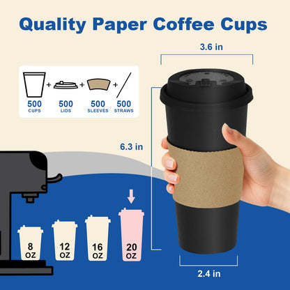 Coolcap 20 oz 500 Pack Coffee Cups with Lids and Sleeves, Straws, Hot Disposable To Go Travel Paper Cups Bulk for Office, Home Coffee Bar Accessories, Chocolate, Cocoa, Beverage (Black)