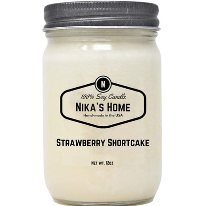Nika's Home Strawberry Shortcake Soy Candle - 12oz Mason Jar - Non-Toxic - Hand Poured in The USA, Long Burning 50-60 Hours Highly Scented All Natural, Clean Burning