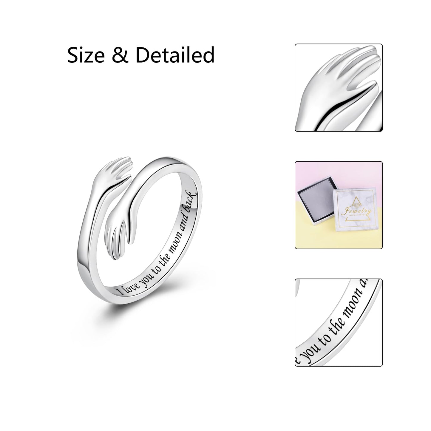 ACJFA Hug Rings for Women Sterling Silver Adjustable Ring for Women Daughter Hand Ring Jewelry for Birthday Gifts Holiday Gift (I love you to the moon and back)