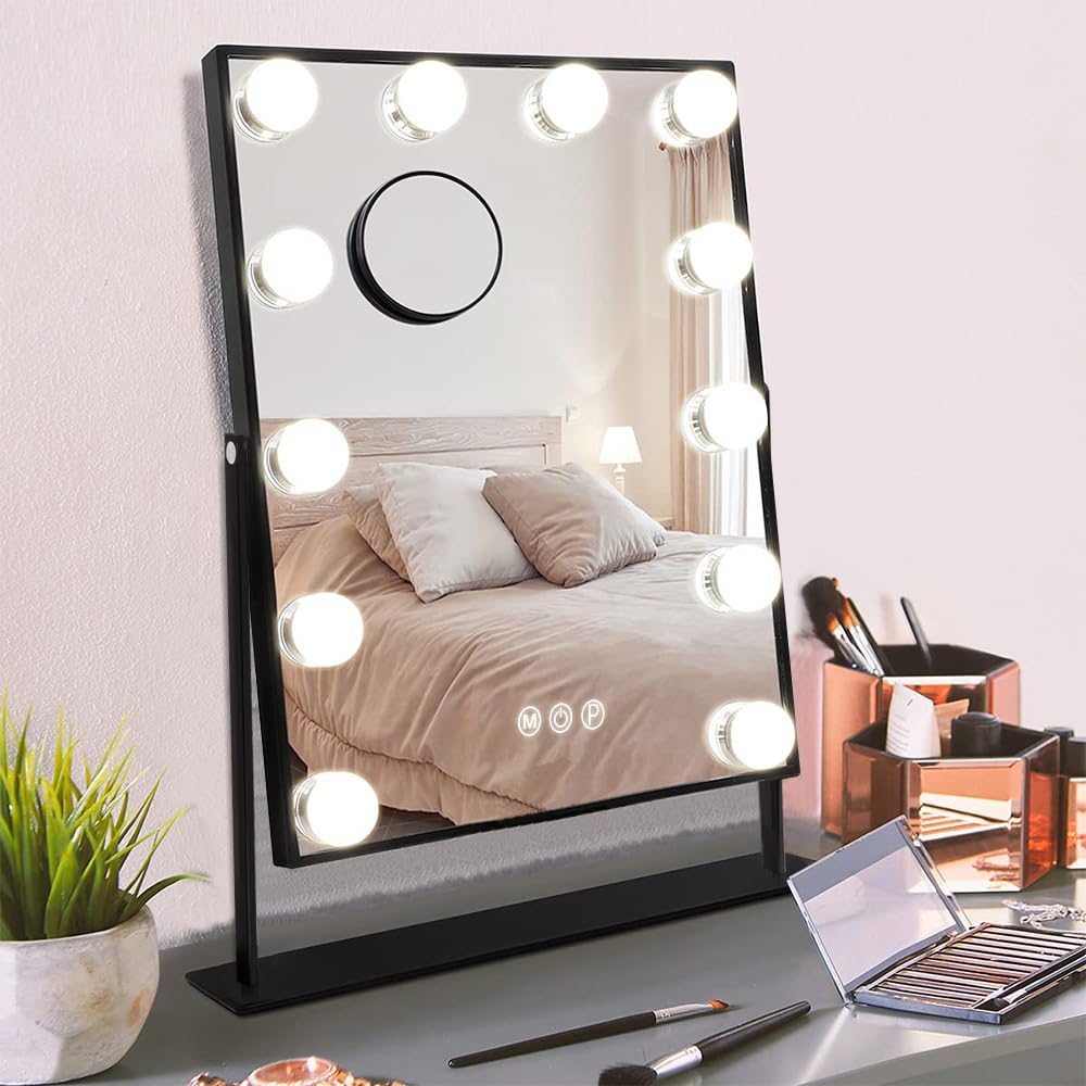 Hansong Vanity Mirror with Lights Makeup Mirror with Lights 12 Dimmable Bulbs Hollywood Lighted Makeup Mirror Detachable 10x Magnification 3 Color Lighting Modes