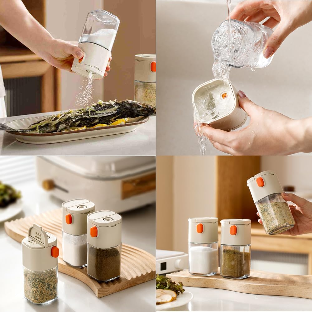Measure Seasoning Bottle, Salt Shaker or Pepper Shaker, Kitchen Must have, Glass Metering Spice Salt Paprika Pepper Cumin Powder Sugar Dispenser Spice Jar, BPA Free (Beige)