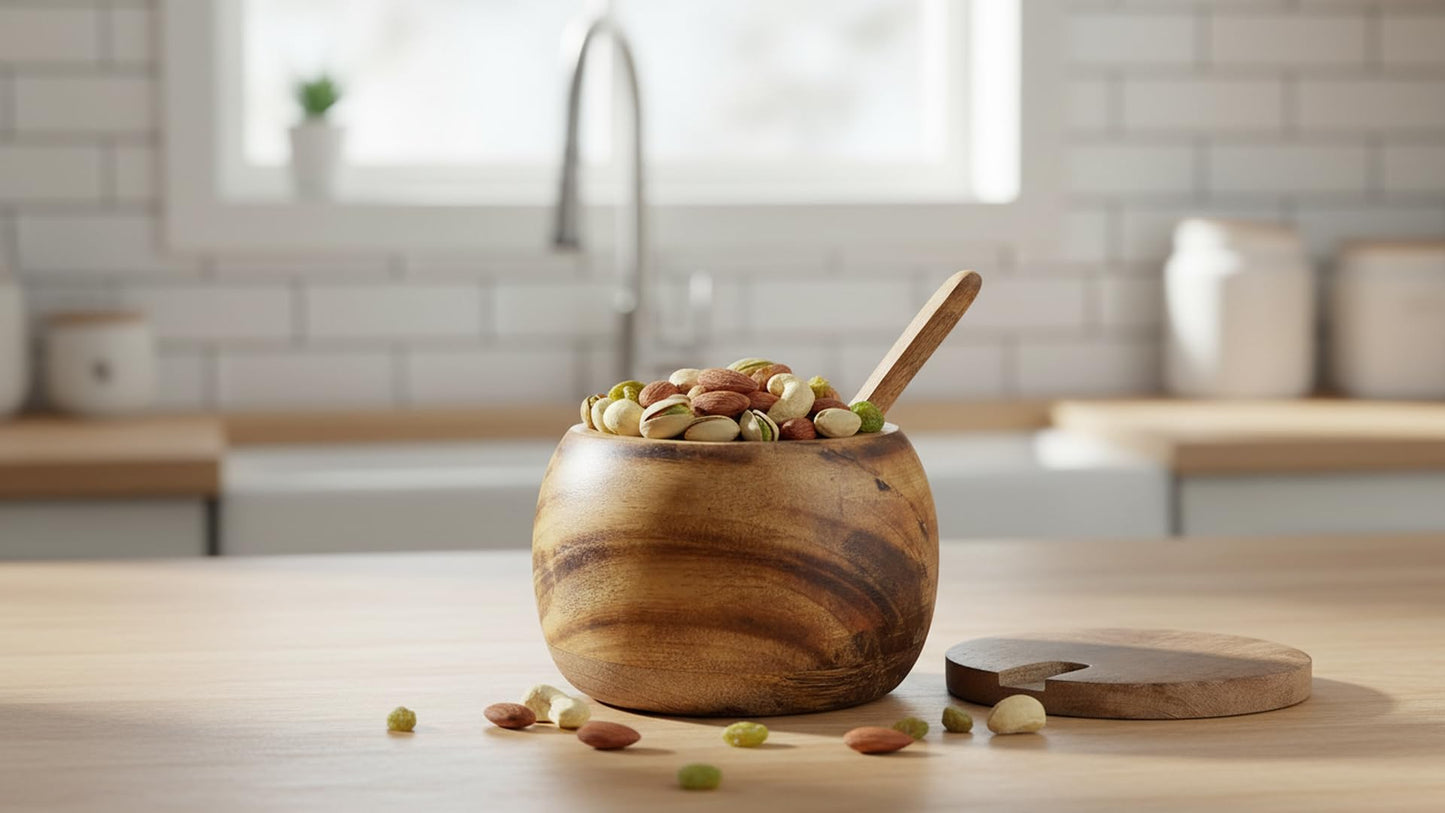 Decorative Rustic Wooden Sugar Bowl & Spoon With Lid Wide Mouth Candy Treat Jar Spice Jar Holder Condiment Nuts Serving Bowl Pot Salt Spice Herb Loose Leaf Tea Storage Container Novelty Home & Kitchen