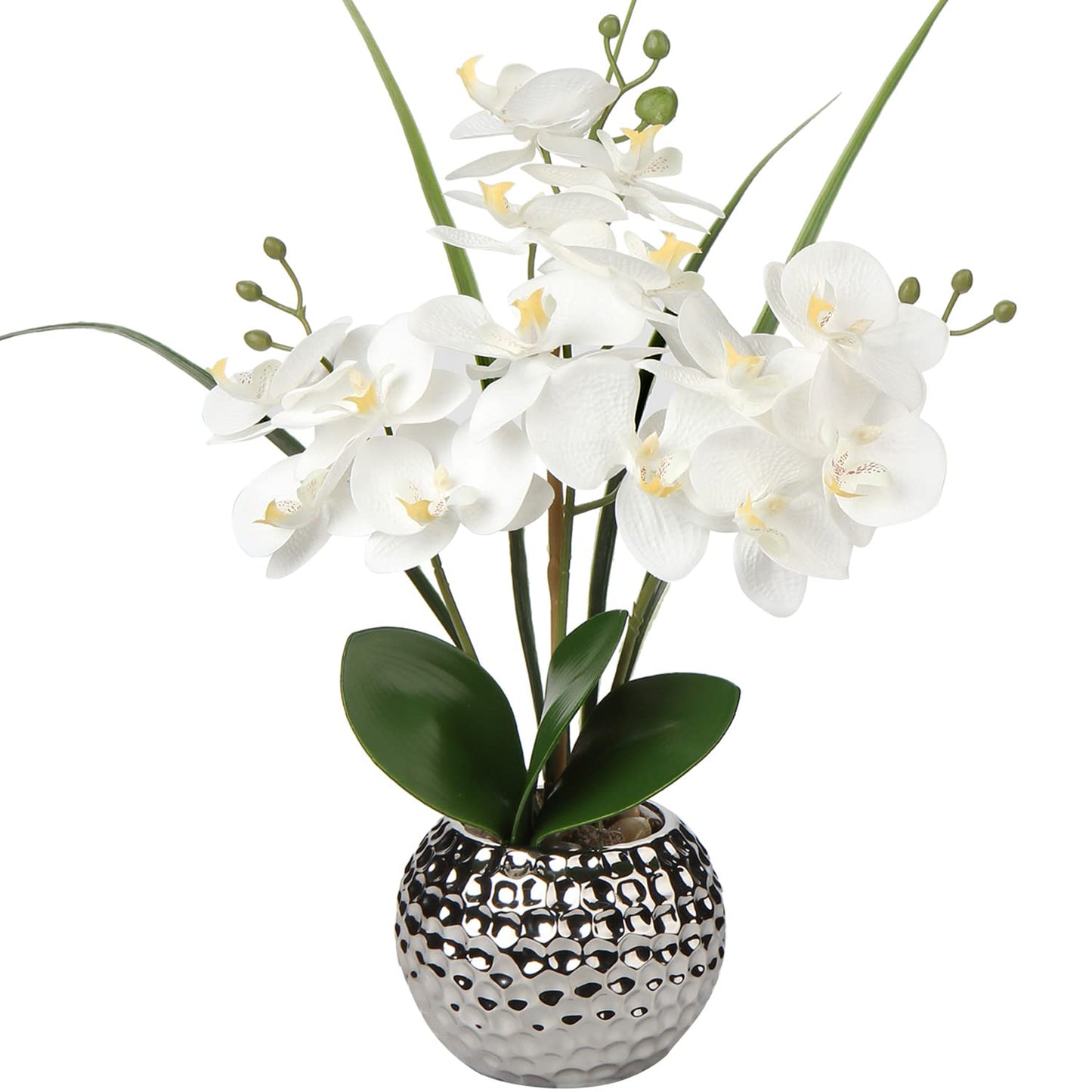 Briful Orchids Artificial Flowers, 20'' White Faux Orchid with Silver Vase Fake Phalaenopsis Flowers for Home Table Living Room Office Kitchen Decor