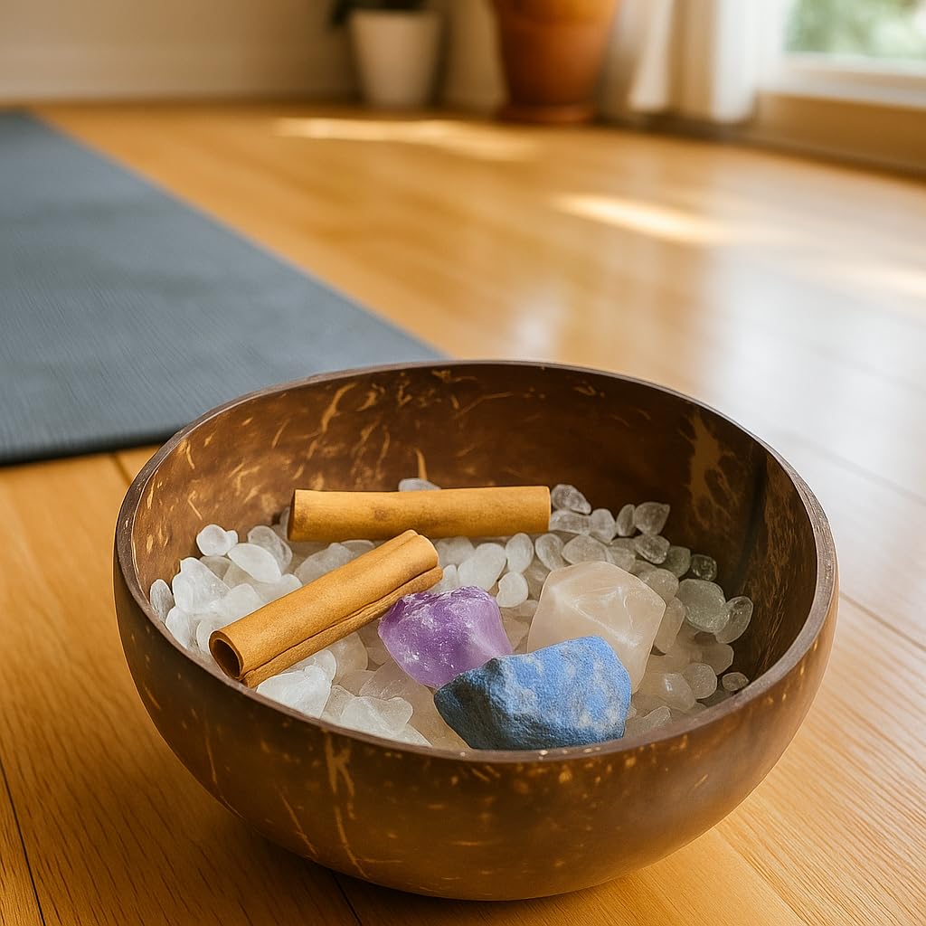Crystal Cleansing Set with Coconut Bowl – Natural White Quartz Raw Stone, Crystal Chips & Cinnamon Sticks for Meditation, Energy Healing, and Spiritual Rituals