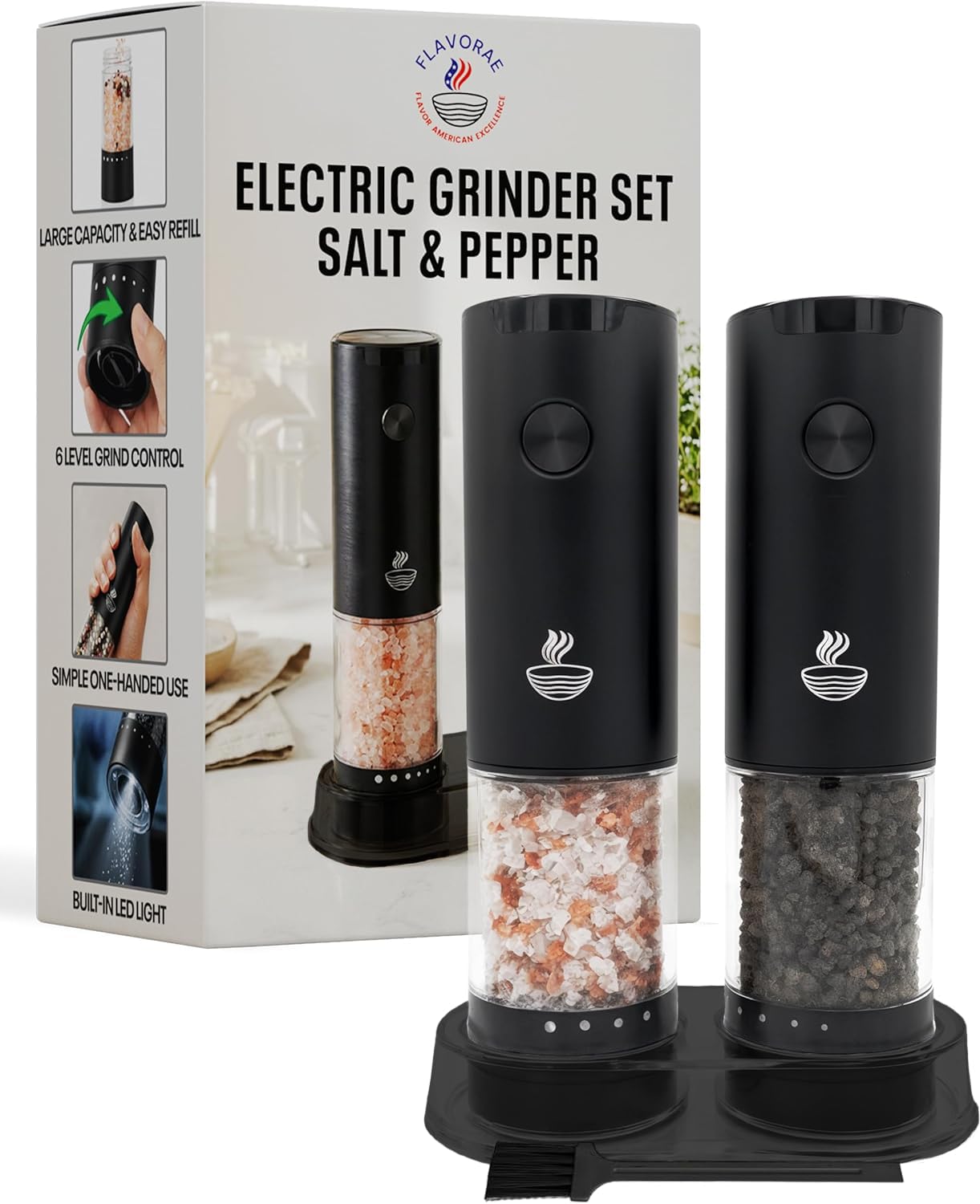 FLAVORAE Electric Salt and Pepper Grinder Set - Black 2 Pack Battery Operated Mills with 95ml Large Capacity, Adjustable Coarseness, Built-in LED Light, Automatic Salt & Pepper Shakers for Kitchen