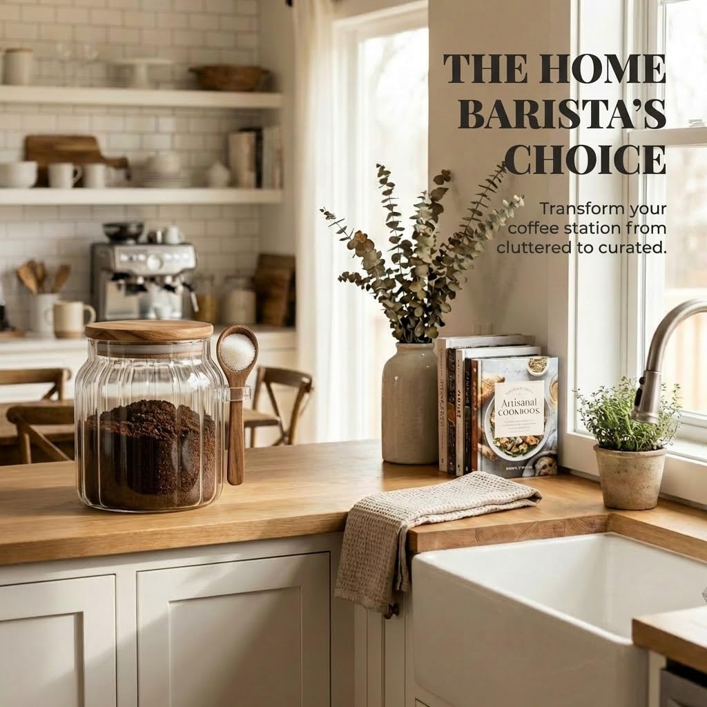 FUYIHGL® 3PCS Glass Storage Jars with Wooden Lids & Spoons – 20oz Airtight Canister Set with DIY Blank Labels – Decorative Small Containers for Coffee Bar, Bath Salts, Sugar, Spice & Overnight Oats