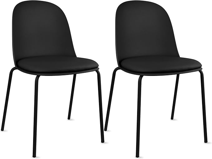 2xhome Modern Stackable Armless Dining Chair | Plastic Shell Seat with Metal Legs | Indoor or Outdoor Use | Home Kitchen Patio (2, Black, Padded Seat)