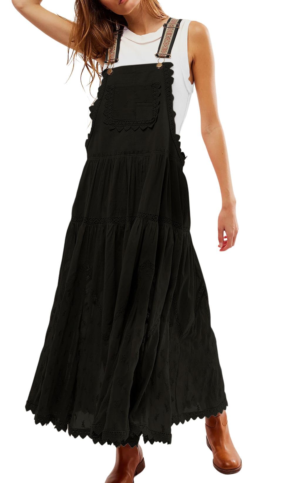 Women's Casual Lace Embroidered Maxi Dress Adjustable Strap Pleated Tiered Swing Long Dress with Pockets