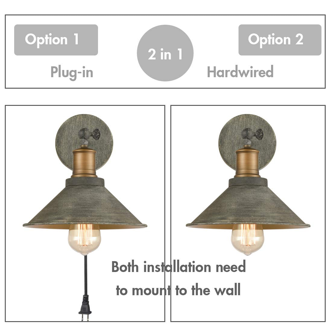 JEENKAE Vintage Farmhouse Wall Sconces Hardwired or Plug-in Bedroom Bath Wall Lamps Set of 2 with on/Off Switch