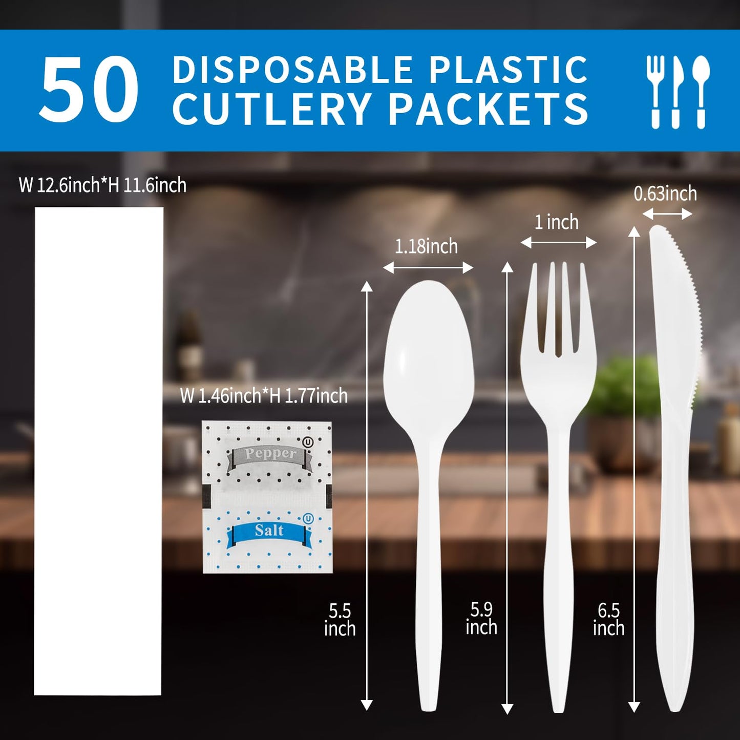 50 Pack Knife Fork Spoon Napkin Salt Pepper Sets, Individually Wrapped White Plastic Cutlery Packets for Delivery, Cafeterias, Restaurants