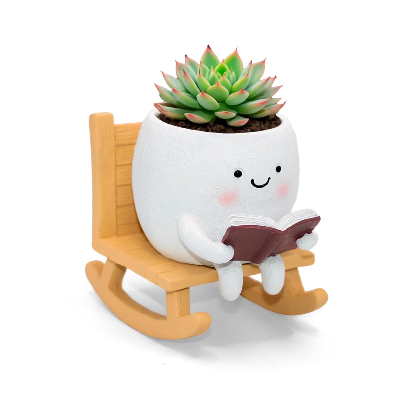 LAUGOKEBE Smily Face Reading Book Planter Pot, Cute Resin Flower Head Planters for Indoor Outdoor, Unique Sit Rocking Chair Succulent Pots with Drainage Hole Gift IdeaI for Christmas