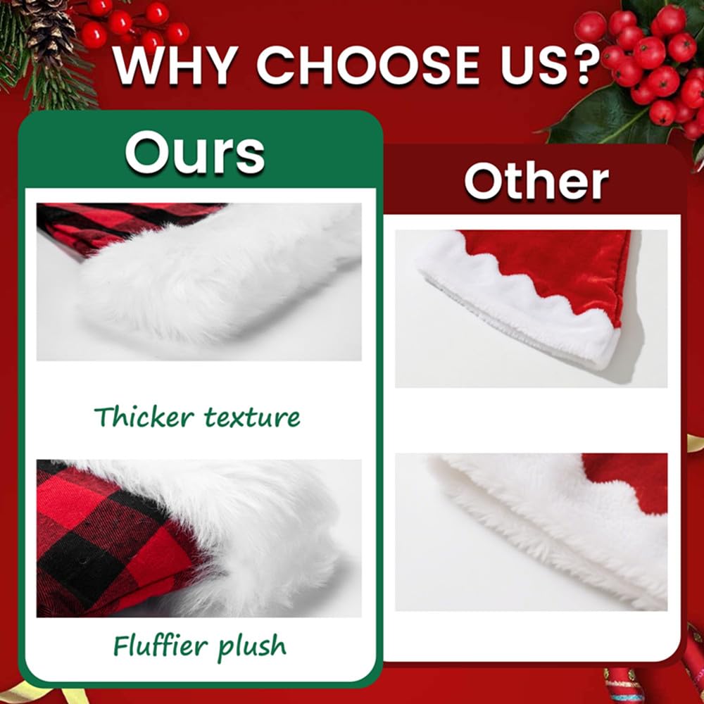 ALIMITOPIA 2pcs Christmas Santa Hat,Double Layer Luxury Plush Christmas Santa Claus Cap Xmas Hat for Adults (Plaid)