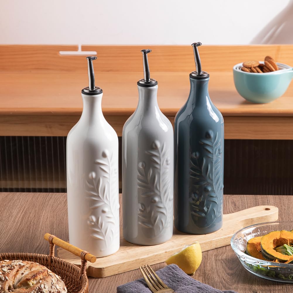 Sweejar Large Olive Oil Dispenser Bottle with Spout, 24 Oz Ceramic Oil Dispenser for Kitchen, Relief Opaque Oil Cruet, Oil Container for Cooking, EVOO, Avocado Oil, Vinegar, Pack of 1 (White)