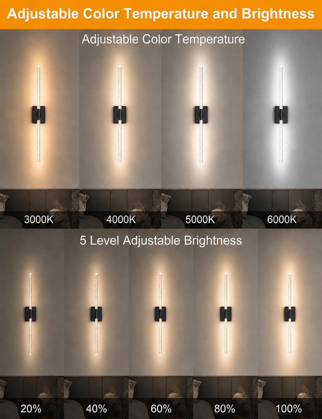 Crystal Bubble Battery Operated Wall Sconces Set of 2: 10000mAh Rechargeable Wall Lights with Remote, 360° Rotate 4CCT Modern Wireless Wall Lighting for Hallway Bathroom Bedroom Living Room Mirror