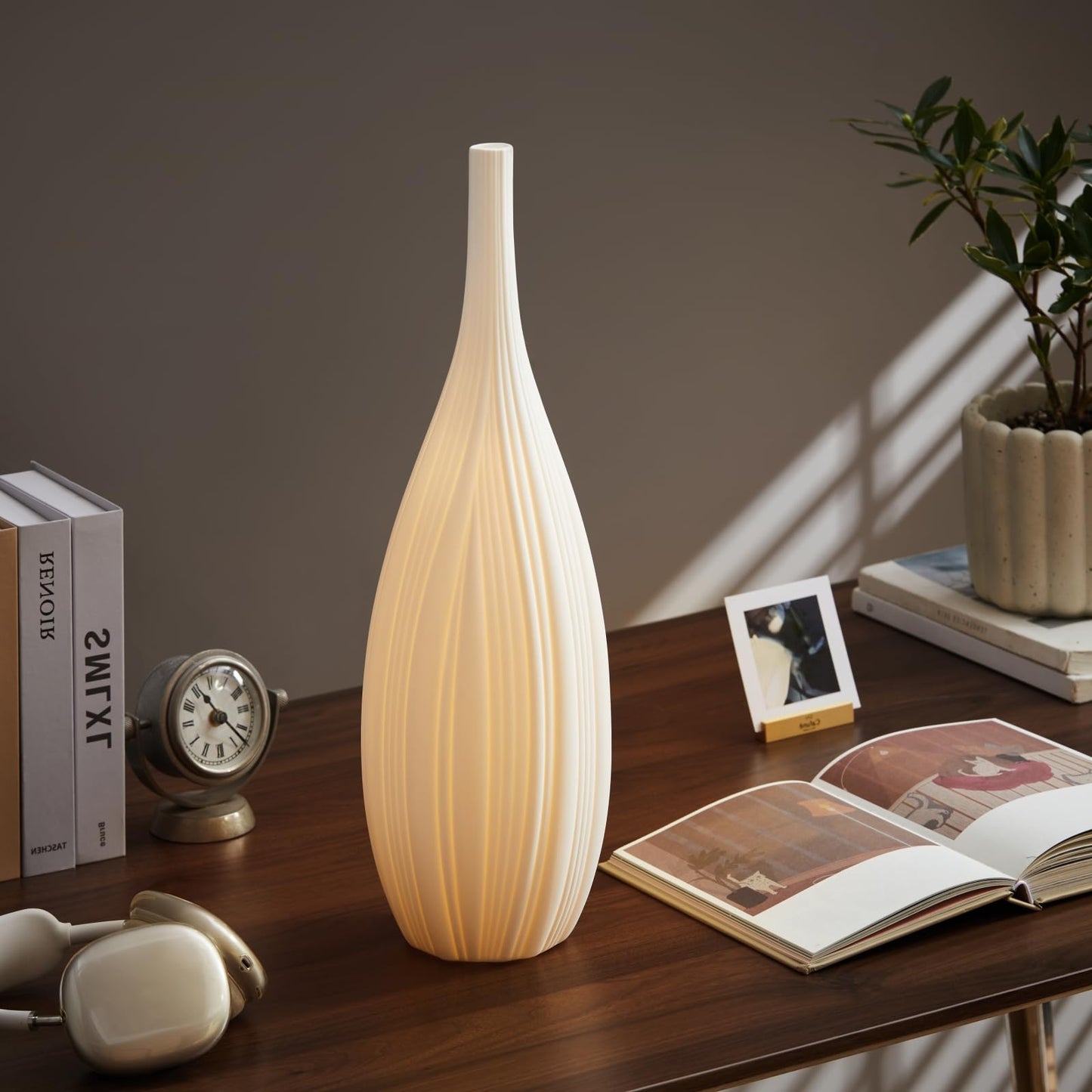 RONDURE 20.6" Modern Ceramic Table Lamp, Fully Dimmable Bedside Lamp for Bedroom Living Room Nightstand, White Translucent Ceramic Shade, Warm Ambient Decorative Corded Lighting, Bulb Included