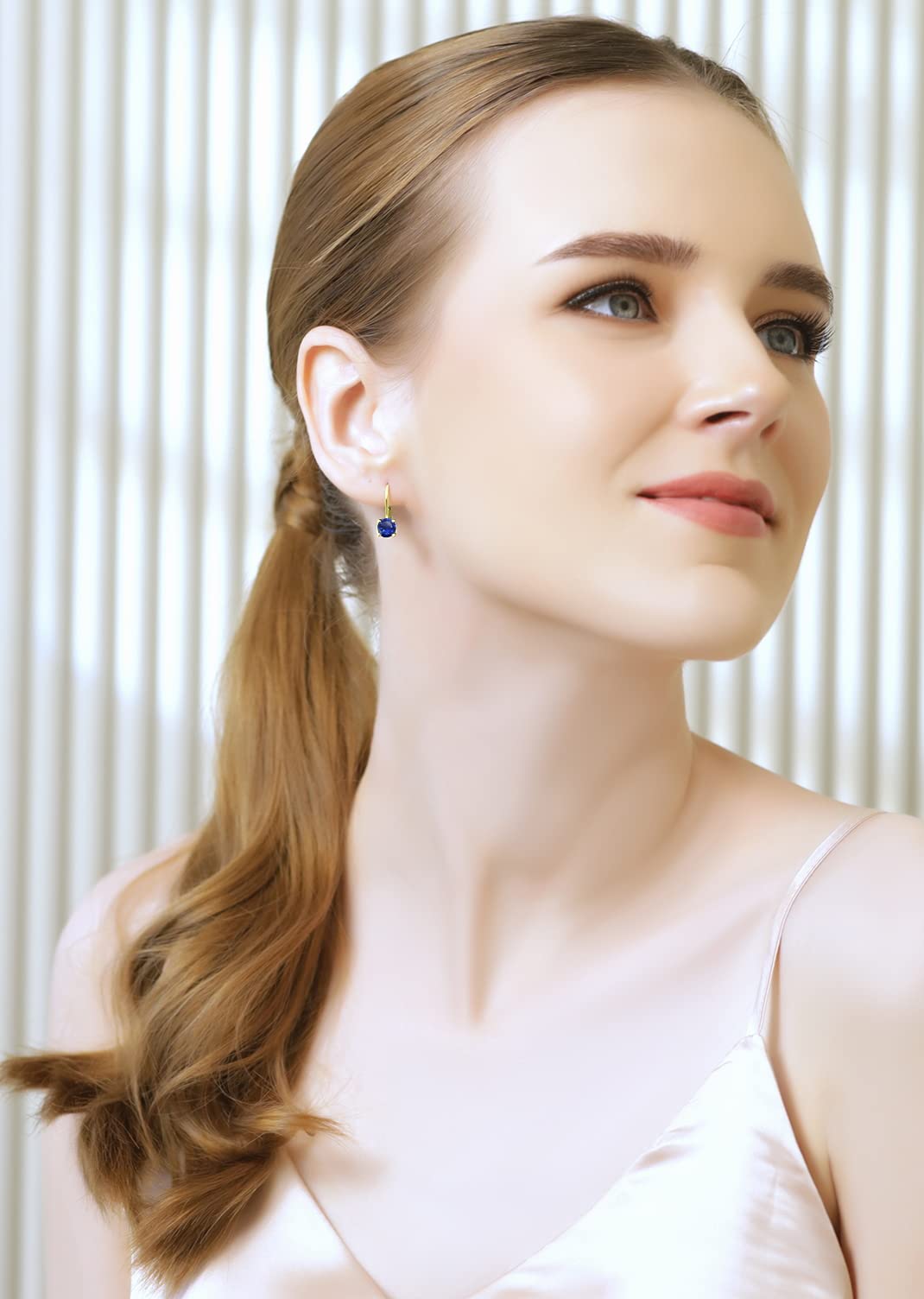 Blue Earrings for Women Gold Flashed Sterling Silver 6mm Round Leverback Drop Synthetic Gemstones Sapphire Earrings Fashion Bridesmaids Birthday Holiday