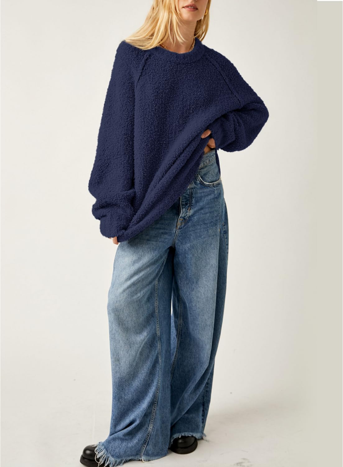 Beaully Women's Oversized Long Sleeve Crewneck Fuzzy Knit Warm Sweaters 2025 Fall Pullover Sweater Tops