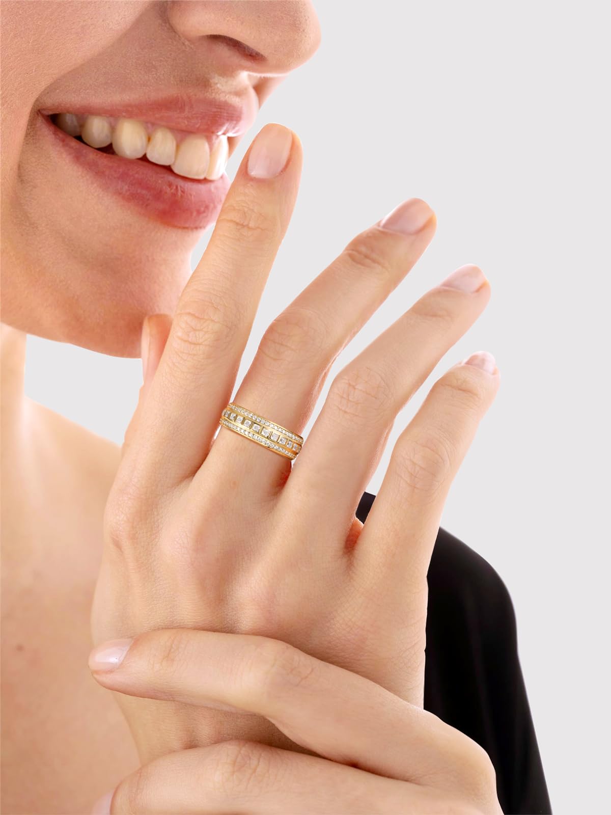 Frbod Moissanite Three Row Ring Diamond Engagement Promise Bands Yellow Gold Plated Eternity Ring for Women Size 6