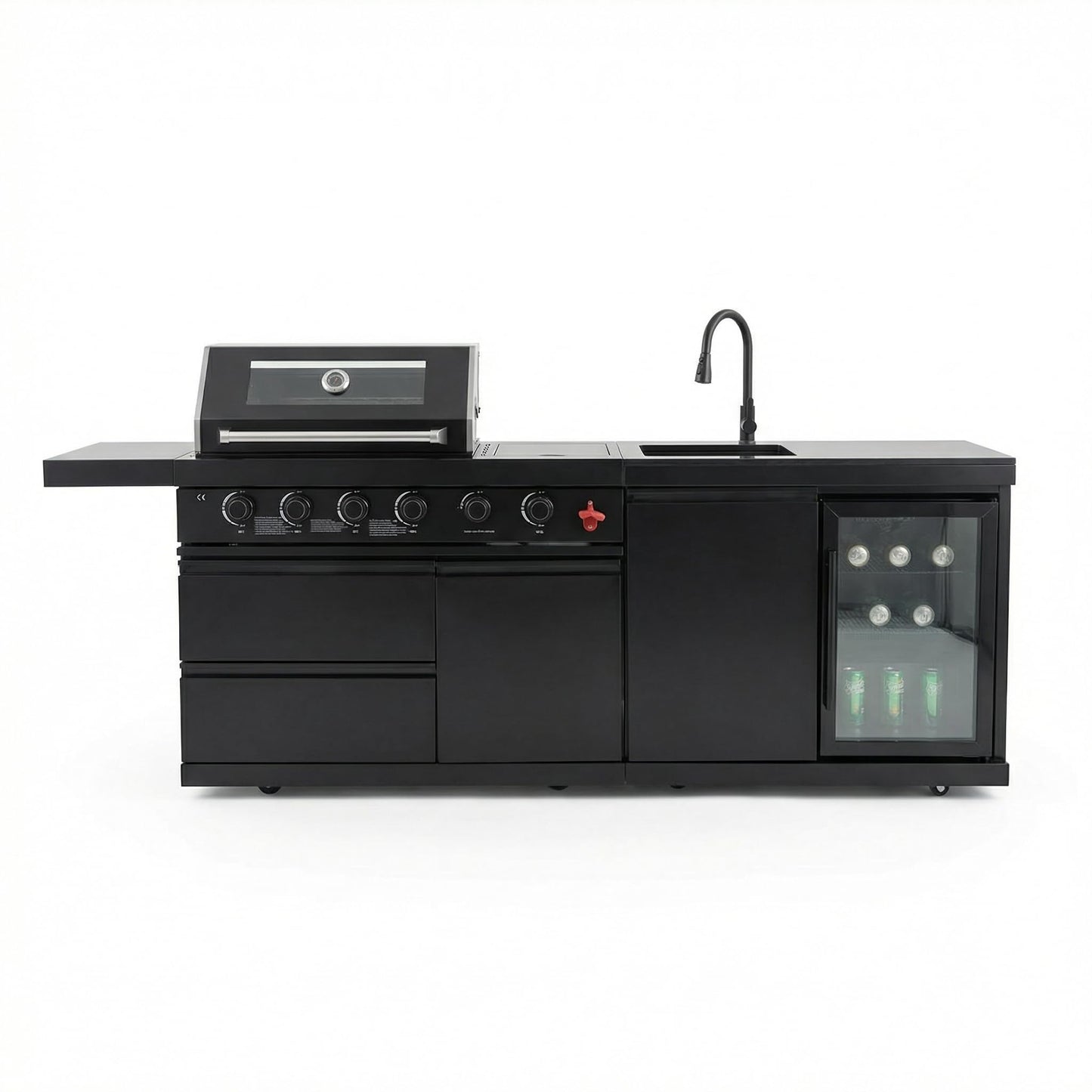 GDFStudio 84" Stainless Steel Outdoor Kitchen Bar and BBQ Island Grill with 6-Burner Gas Grill, 75300 BTU, SS304 Integrated Sink, Wine Cooler, Refrigerator, Granite Countertop, Rotisserie, Black