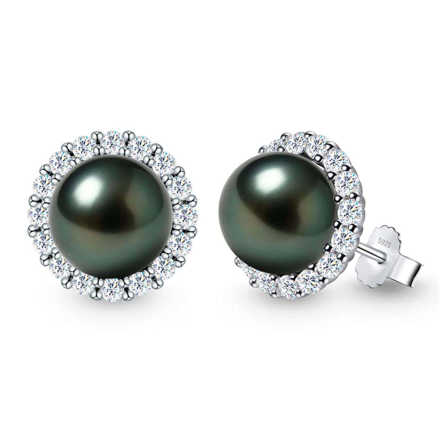Genunie Tahitian Black Pearl Stud Earrings for Women - Christmas Gifts for Wife Anniversary Wedding, Mom Birthday Gift, AAAA 9-10mm Ocean-Grown Pearls Sterling Silver Unique Moissanite Jewelry