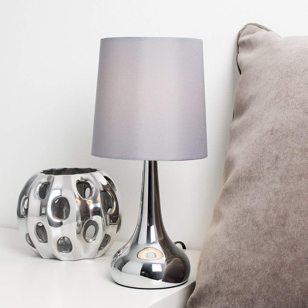 MiniSun | Modern Chrome Teardrop Touch Table Lamps with Grey Fabric Shades | Table Lamps, Home Décor & Improvement Essential | Set of 2 | Includes 5W LED Bulbs [3000K Warm White]