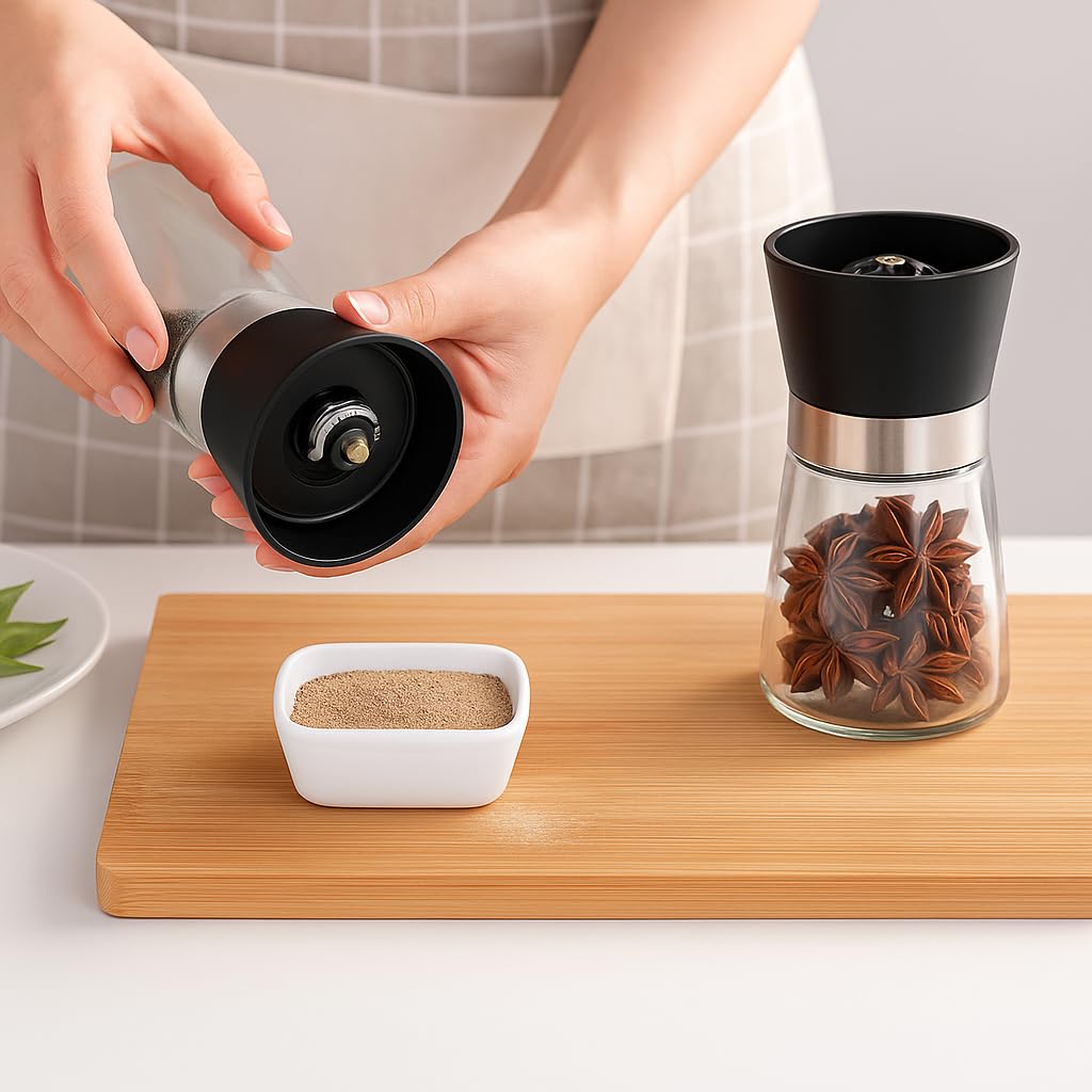 Premium Herb and Spice Grinder – Manual Glass Jar with lid with Adjustable Ceramic Burr, Portable Coffee Bean Grinder, Pepper Mill, Salt Grinder, Seed Grinder and Kitchen Spice Crusher