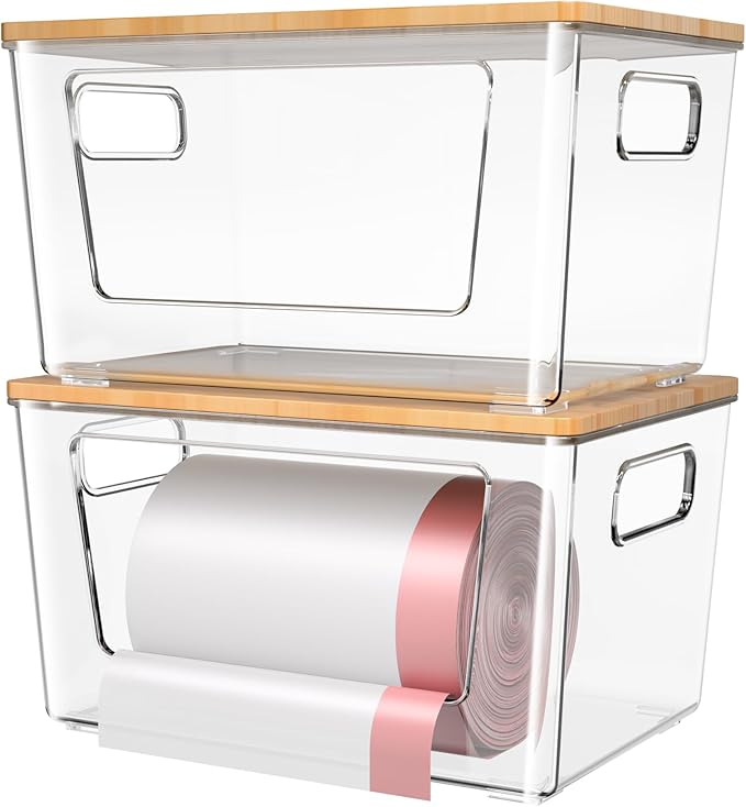 2 Pack Trash Bag Holder with Bamboo Lid, Stackable Trashbag Dispenser, Extra