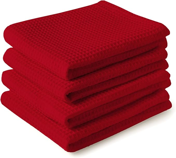 Encasa XO Kitchen Dish Towels Set | Red | Waffle Weave and Flat Hand Tea Towel