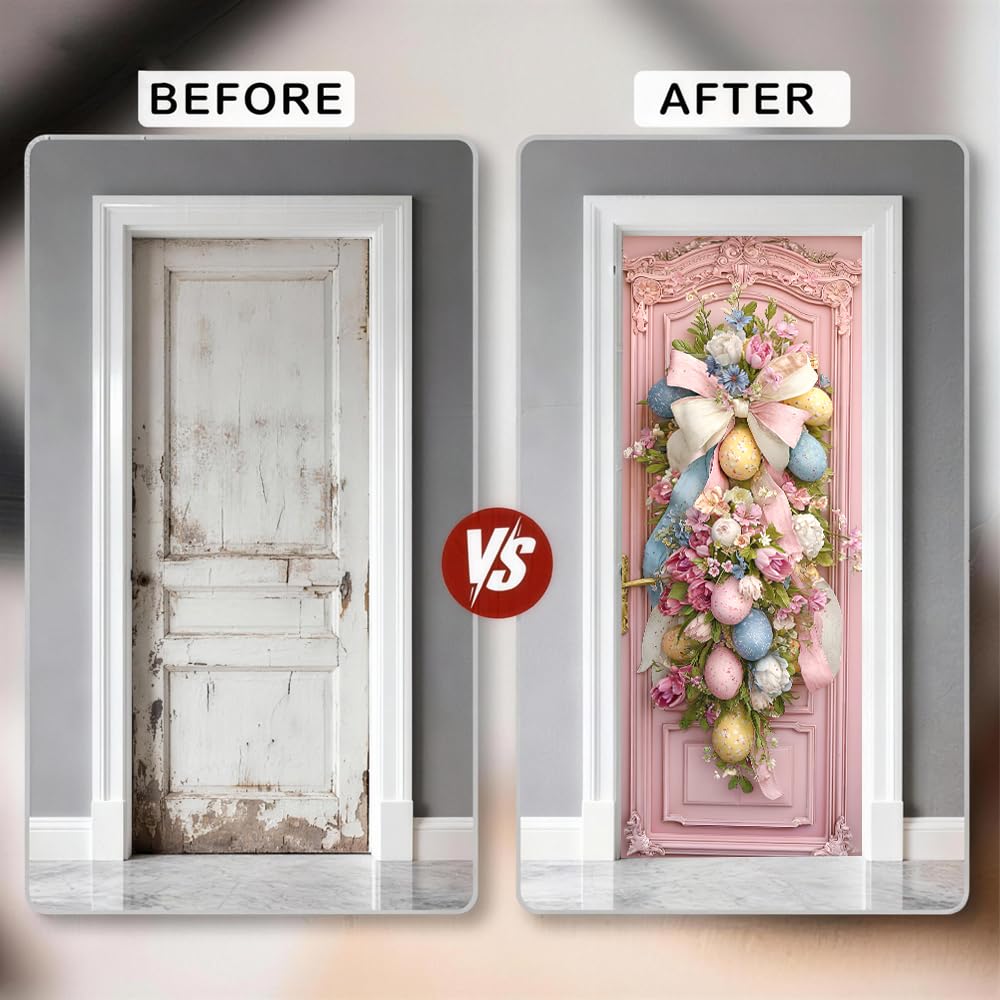 WDESYADMS PVC Self Adhesive Door Sticker 30.3x78.7 Inch Easter Eggs and Floral Bow Design Peel and Stick Decorative Door Decal for Bedroom Living Room Entryway Spring Home Decor