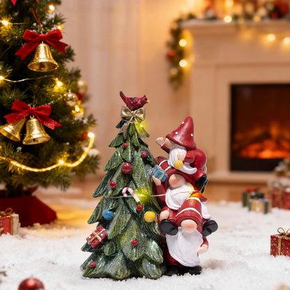 Hodao Christmas Tree Figurine Decorations — Lighted Hand-Painted Resin Gnomes Climbing with Cardinal, Tabletop Decor for Family or Friends | Mantel, Shelf, Living Room Display