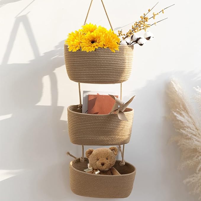 TeoKJ Over the Door Hanging Basket, 3-Tier Woven Cotton Wall-Mounted Storage