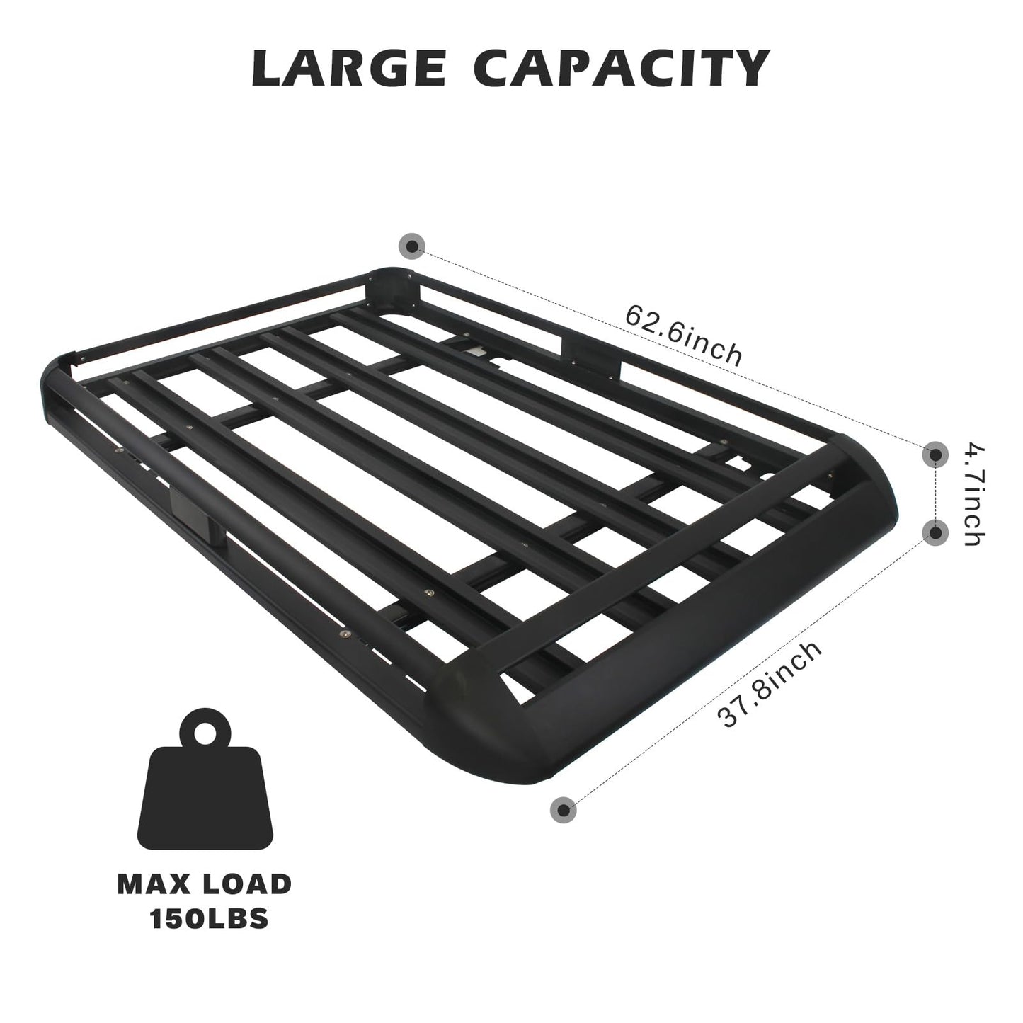 Updated Roof Rack Cargo Basket Carrier, 63'' x 38'' Aluminum Alloy Luggage Holder for SUV, Truck, Car - Universal Design with 150lbs Weight Capacity,Steel Construction for Durability Strength