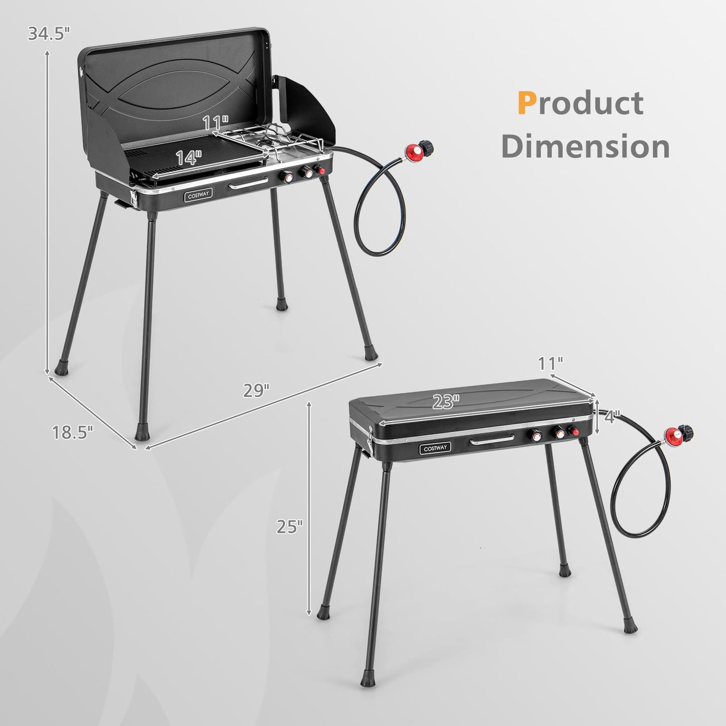 Moccha 2-Burner Propane Camping Stove - Portable Camp Grill w/Dual Control Knobs, Detachable Legs, 3-Sided Wind Screen, 20,000 Total BTUs, Outdoor Grill Stove for Tailgating BBQ Picnic (Black)