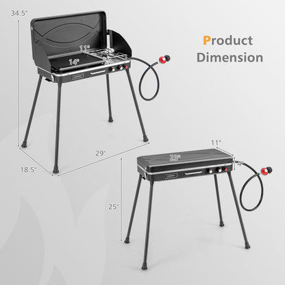 Moccha 2-Burner Propane Camping Stove - Portable Camp Grill w/Dual Control Knobs, Detachable Legs, 3-Sided Wind Screen, 20,000 Total BTUs, Outdoor Grill Stove for Tailgating BBQ Picnic (Black)