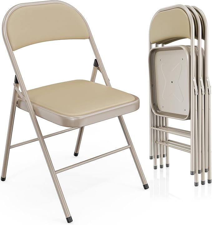 VINGLI 4 Pack Folding Chairs with Padded Seats, Metal Frame with Pu Leather Seat & Back, Capacity 350 lbs, Set of 4, Khaki