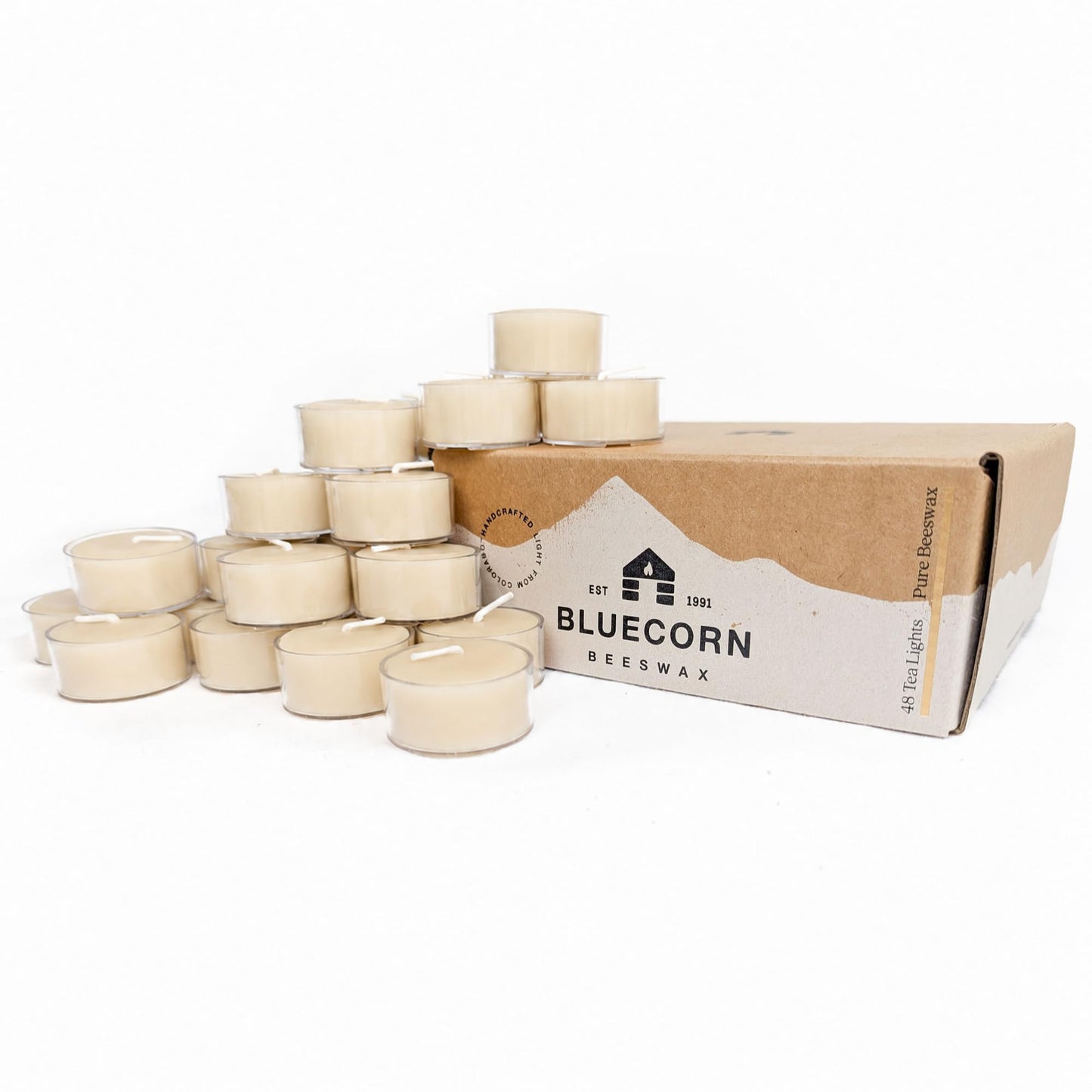 Bluecorn Beeswax Tea Light Candles, 100% Pure Natural Bees Wax, Ivory White Tea Lights, Fragrance Free, Paraffin & Soy Free Candle Wax, Clean Burning, Long Lasting (4-5 Hrs), American Made, 48 Pack