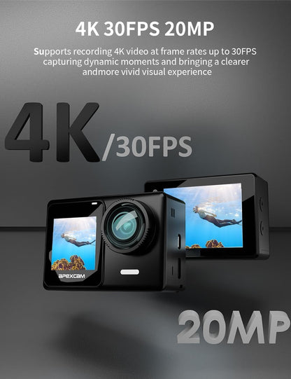 Action Cameras 4K 40M Waterproof Underwater Camera for Snorkeling, EIS Camcorder WiFi 170 Wide Angle Dual Screen Vlog Camera Sports Body Cam Mini(Charger, Remote Control and Helmet Accessories)