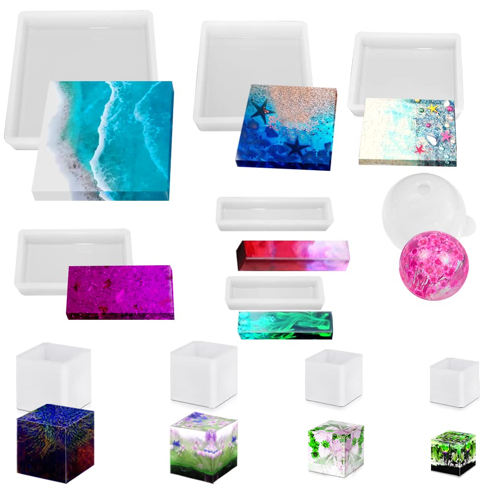 11 Pcs Resin Molds, FineGood Square Silicone Molds for Epoxy Resin Ball Epoxy Resin Molds DIY Cube Box Resin Casting Molds for Jewelry Soap Dried Flower Specimen