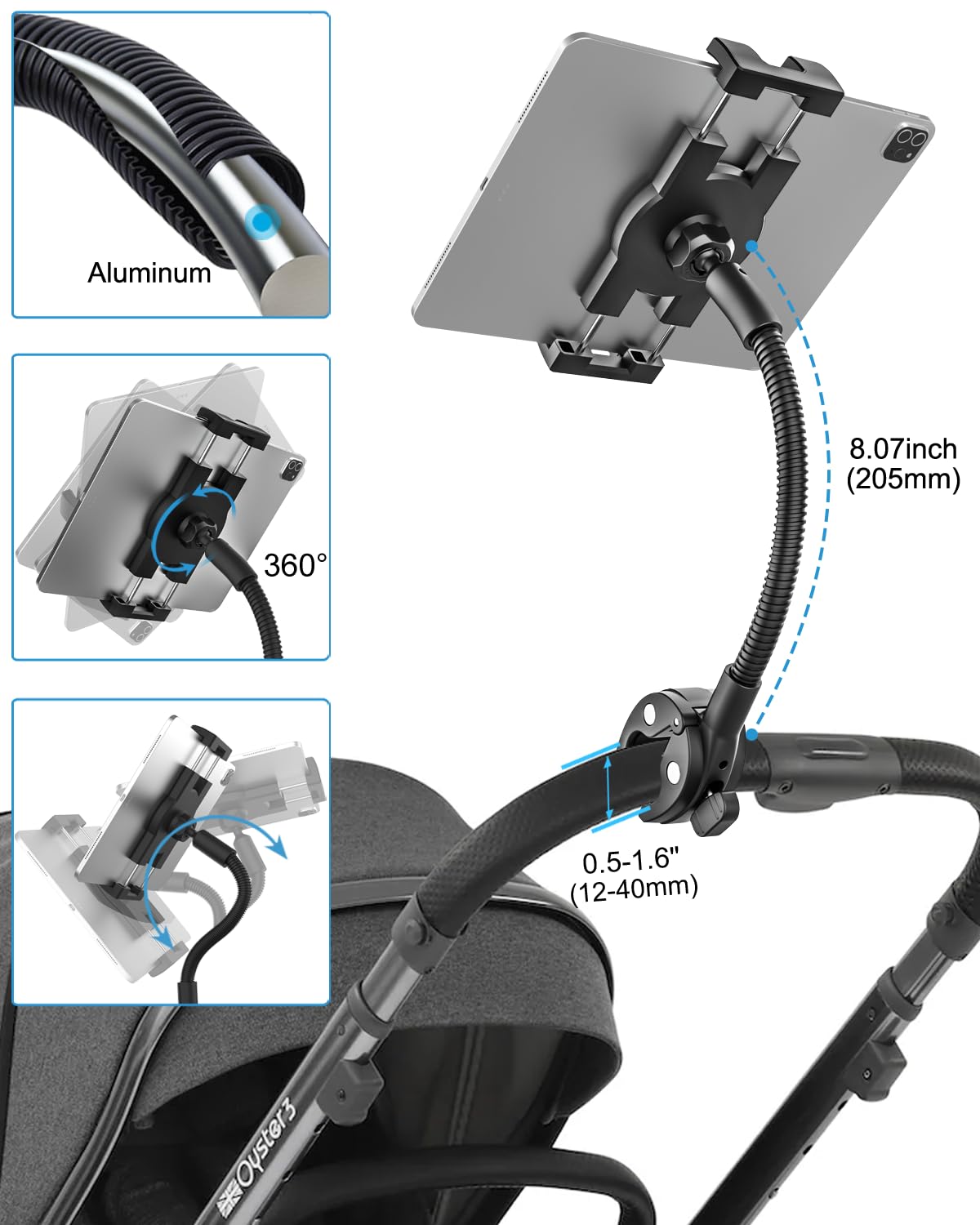 Gooseneck Tablet Holder for Wheelchair/Stroller/Golf Cart/Boat/Mic stand/Indoor Cycling Bike/Gym Bicycle Handlebar Clamp, Compatible with 4.7-13" iPad Pro/Air/Mini, iPhone, Galaxy, Fire HD, E-book