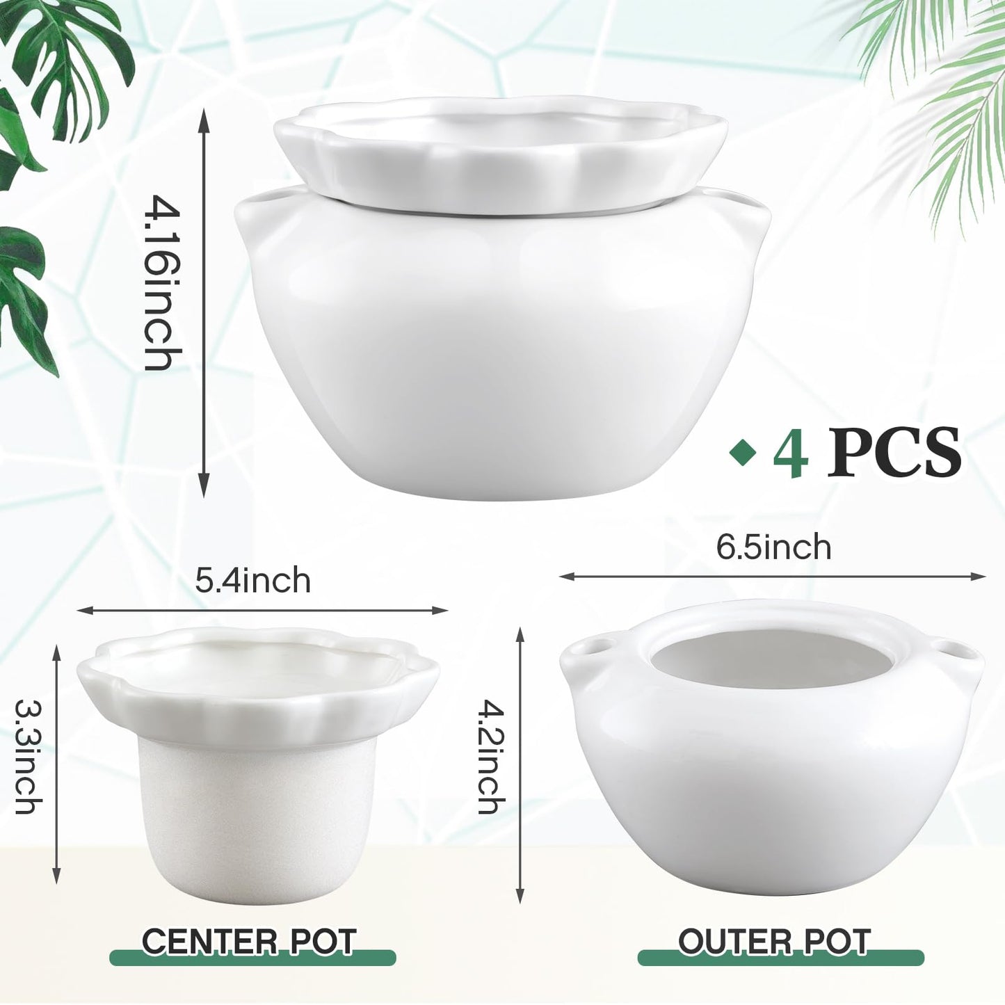 Sunnychicc 4 Set 6 Inches African Violet Pots Self Watering White Ceramic Pot for Indoor Plants, Flowerpot with Highly Absorbent Inner Pot for Busy Plant Lovers,Plant Care