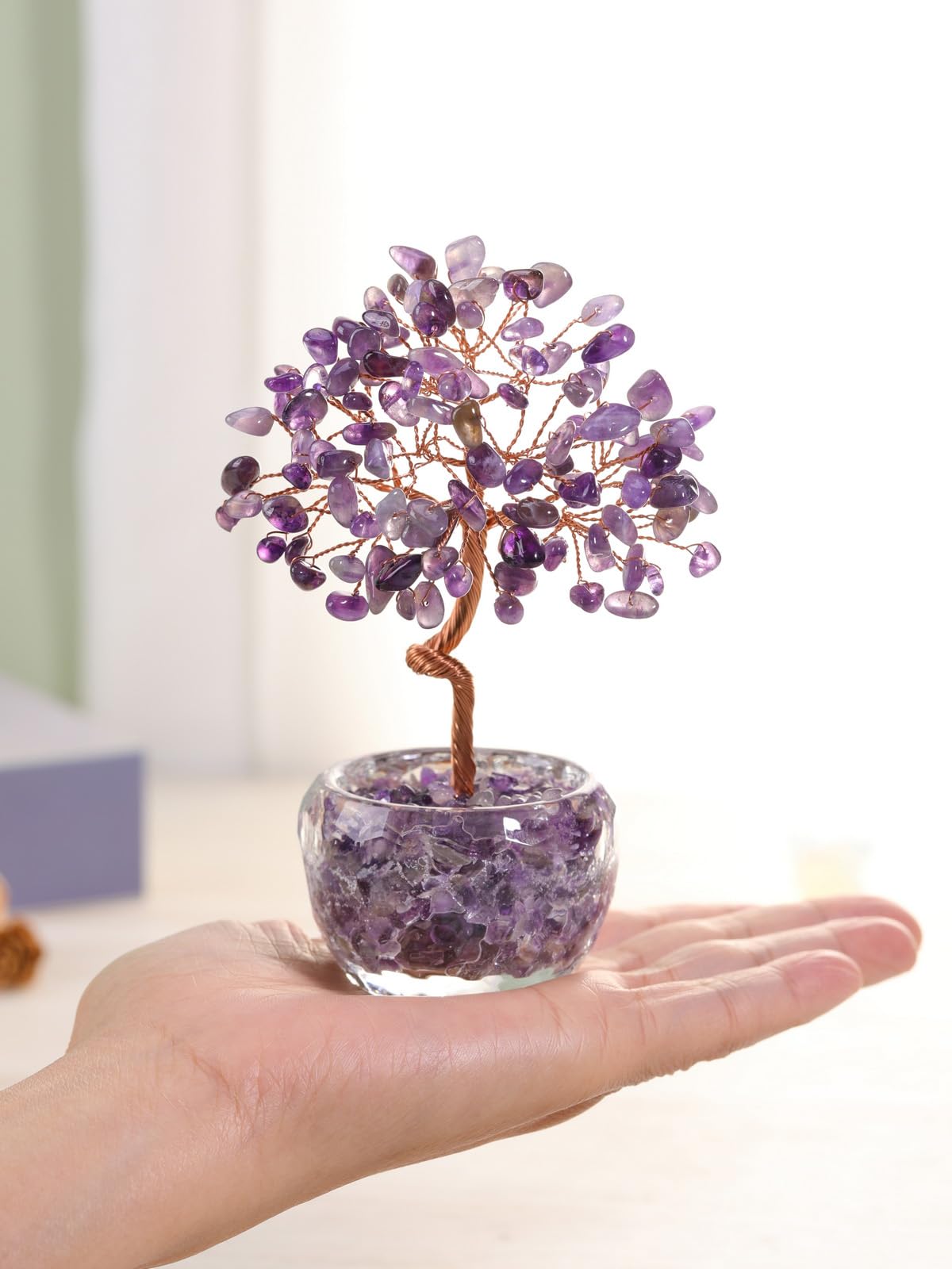 Top Plaza Healing Crystals Amethyst Crystal Tree with Glass Base Handmade Natural Gemstone Life Tree Mini Bonsai Money Trees Good Luck Home Office Desk Decor
