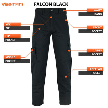 WrightFits Falcon Work Trousers Men - Heavy Duty Work Pants for Men Durable Trademens Workwears - Cargo Combat Trousers Triple Stiching Multi Pocket Kneepad Pocket 34/29 Black