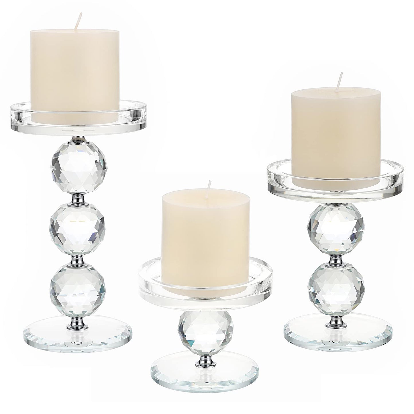 OwnMy Set of 3 Crystal Glass Pillar Candlestick Holders Clear Pillar Candle Holders Sets, Tealight Votive Candle Stands Modern Candle Centerpiece for Living Room Wedding Decor