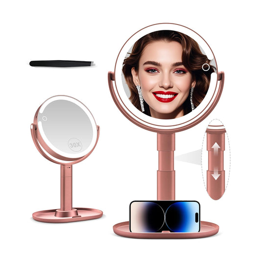 MIYADIVA Makeup Mirror with Lights, 30X Magnifying Mirror with Light and Touch Switch, Vanity Mirror with 3 Color Light and 80 LEDs, Height Adjustable Desk Mirror with Lights, White
